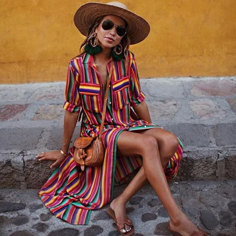 Savings Alert Women's Summer Casual Striped Loose Long Dress With Buttons
