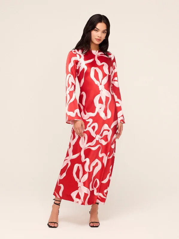 Great Deals Keira Red Ribbon Print Maxi Dress