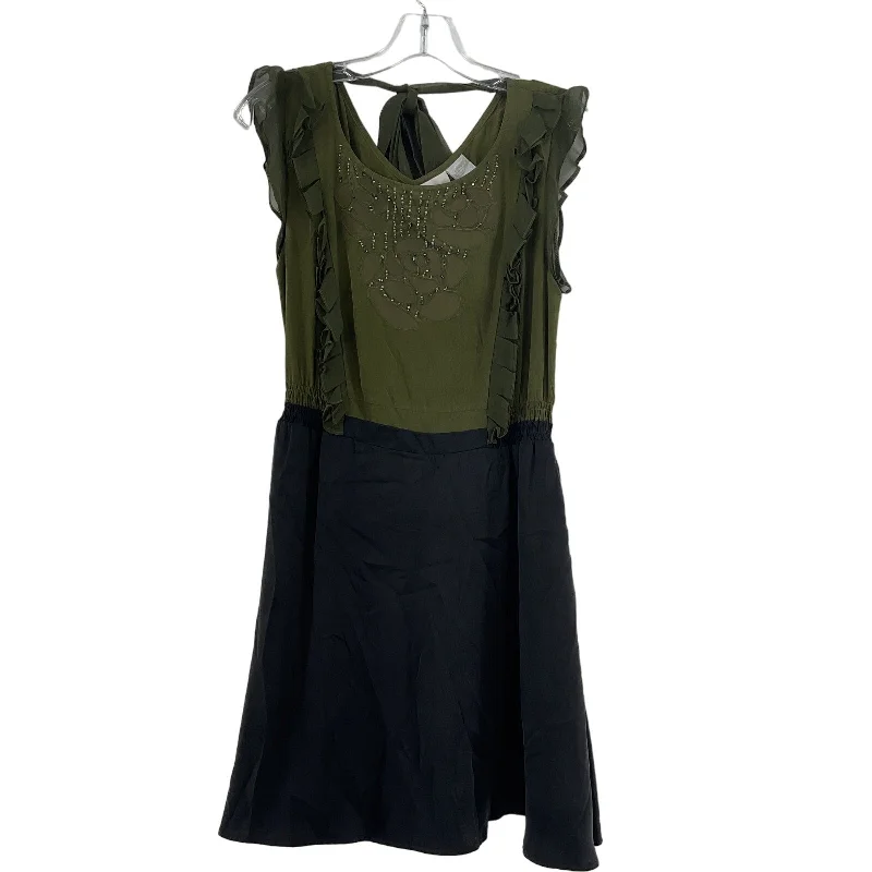 Shop and Save Chasing Dots Green Black Flutter Sleeve Womens Silk A-Line Dress S Preowned