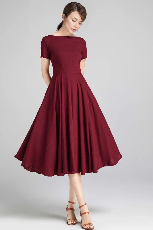 Hurry In Burgundy Boat Neck Dress With Pockets Short Sleeve Party Dress A-Line Mother of the Bride Dress