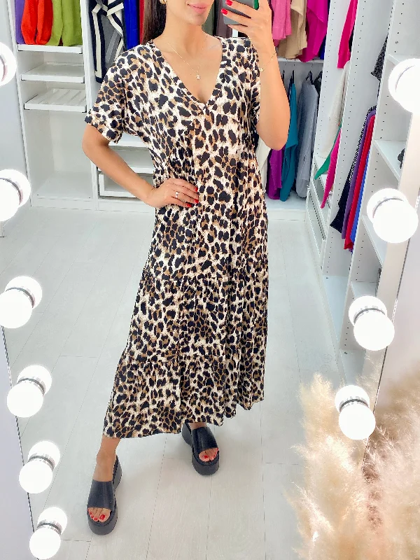 Final Clearance Duha Leopard Print V-Neck Smock Maxi Dress