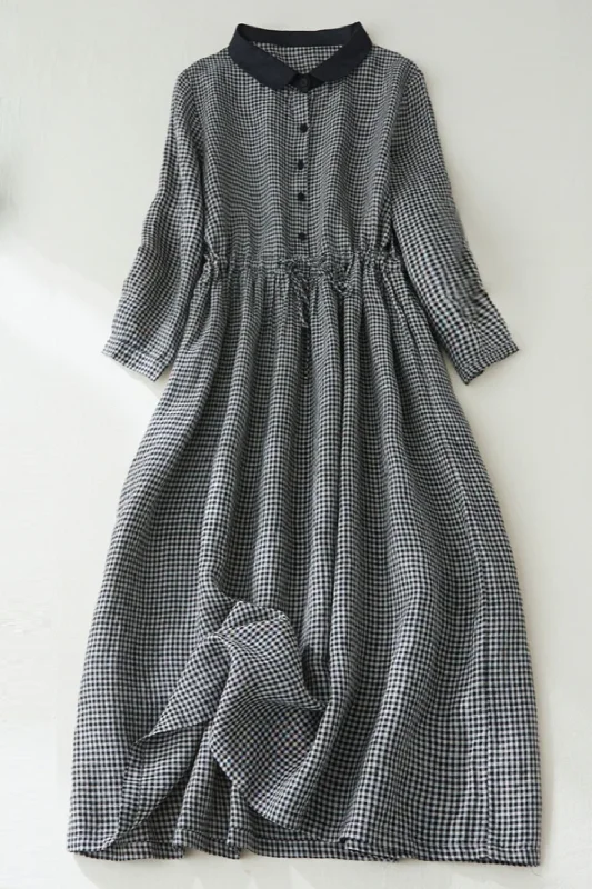 New Markdowns Autumn Spring Cotton Linen Plaid Long Sleeve Drawstring Elegant Ladies Dress Vintage Women