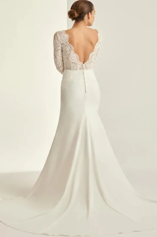 Quick Sale Wedding Dresses Beautiful Applique Long Full Sleeves Open Back Button Design Mermaid Train Bridal Gown Quick Sale Wedding Dresses Beautiful Applique Long Full Sleeves Open Back Button Design Mermaid Train Bridal Gown