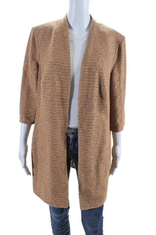 Final Markdown Akris Womens Woven Long Sleeves Open Front Coat Brown Cotton Blend
