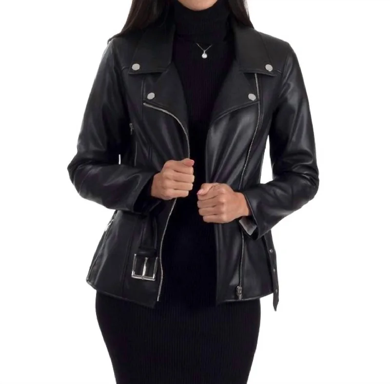 Super Sale Faux Leather With Belt Biker Jacket In Black