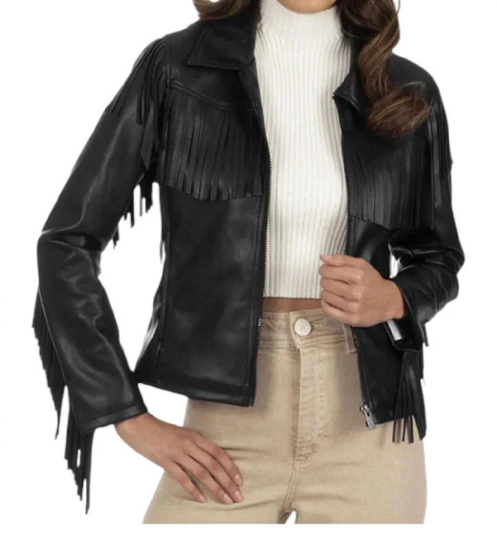 Closeout Sale Fringed Faux-Leather Jacket In Black