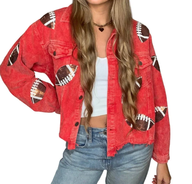 Time-Limited Offer Gameday Football Patch Sequin Shacket In Red