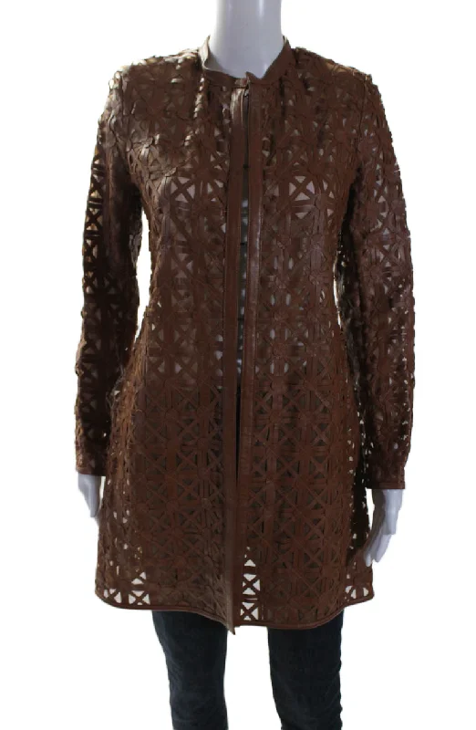Hurry In In Transit 2 Womens Brown Leather Mesh Crew Neck Long Sleeve Jacket