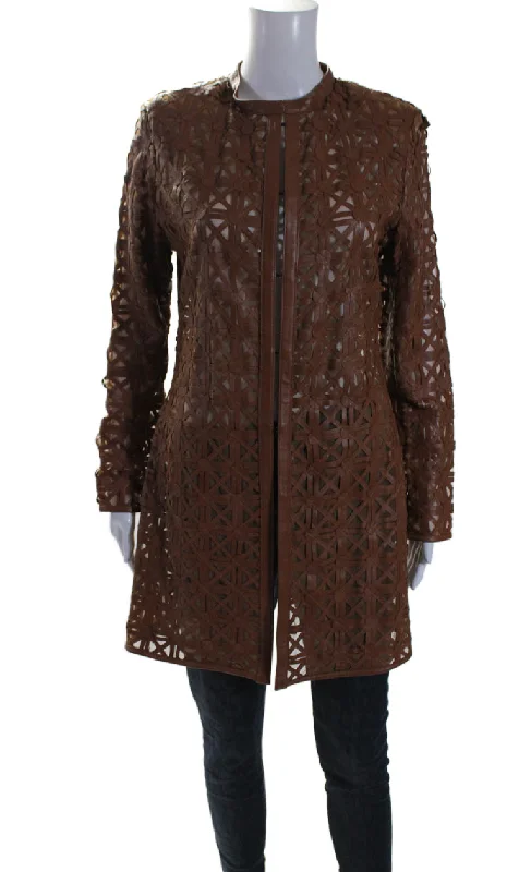 Flash Deals In Transit 2 Womens Brown Leather Mesh Crew Neck Long Sleeve Jacket