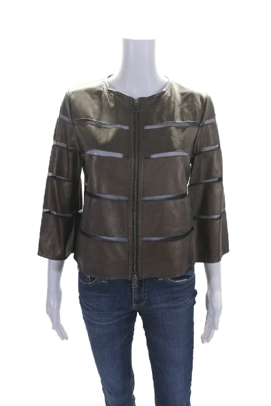 Huge Discounts In Transit 2 Womens Long Sleeves Full Zip Round Neck Leather Jacket Brown