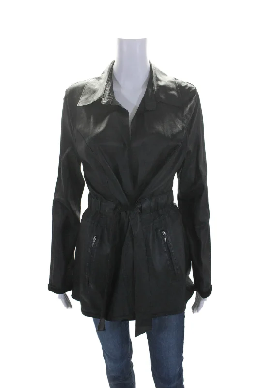 Early Access In Transit Women's Collared Long Sleeves Tie Waist Leather Jacket Black