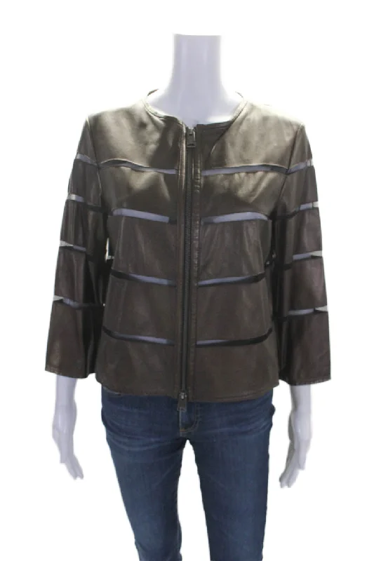 New Deals In Transit Women's Round Neck Long Sleeves Full Zip Leather Jacket Brown