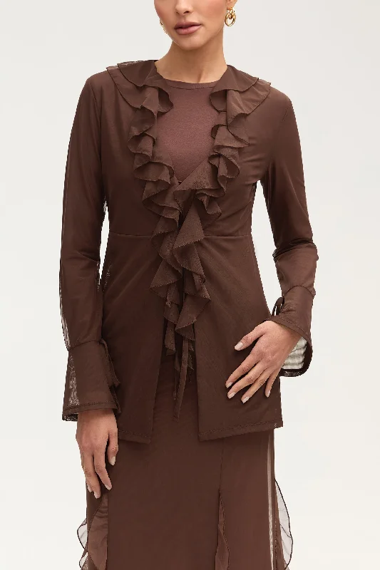 Steals and Deals Jida Ruffle Tie Front Mesh Top - Espresso