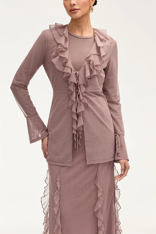 Super Sale Jida Ruffle Tie Front Mesh Top - Twilight Mauve