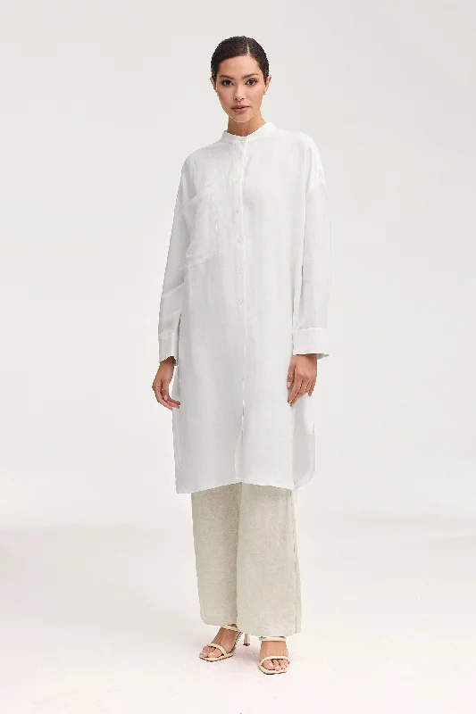 Bonus Savings Linen Longline Button Down Cover Up Top - White