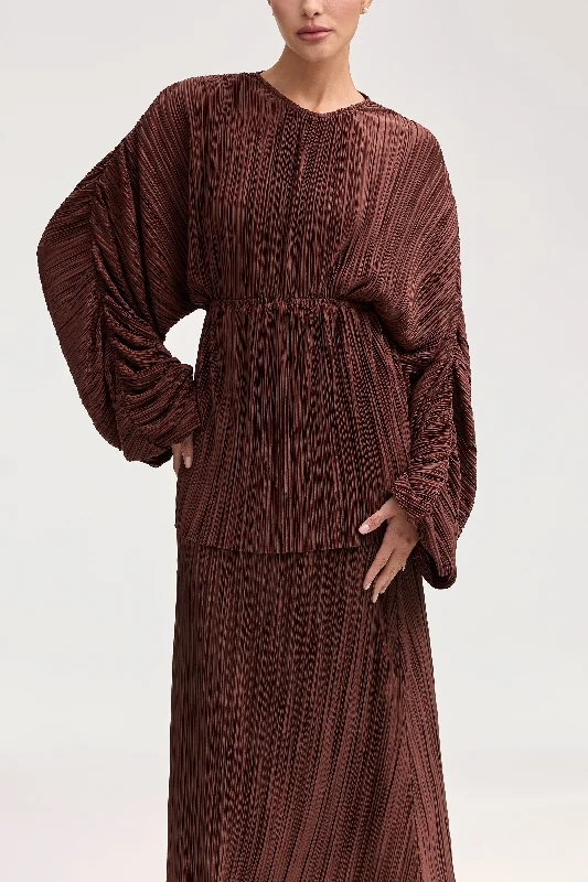 Early Access Vera Satin Plisse Batwing Top - Chocolate