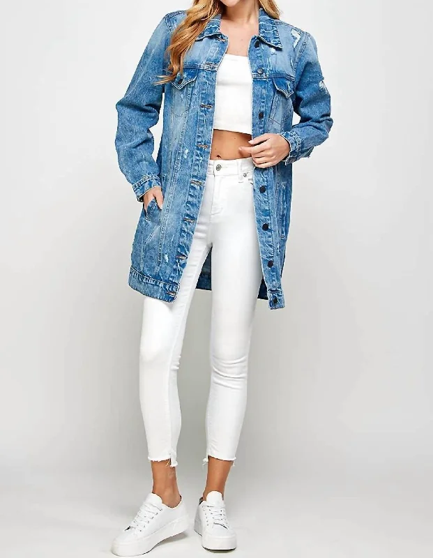 Amazing Deals Mid Length Distressed Denim Jacket In Acid Washed