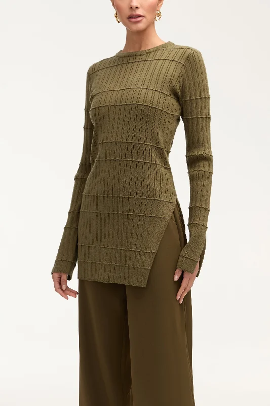 Super Savings Milano Ribbed Knit Split Hem Top - Olive