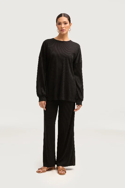 New Deals Mona Ribbed Top & Pants Matching Set - Black