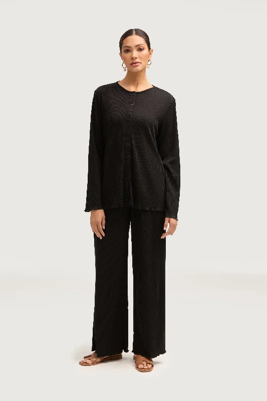 Stock Clearance Naeema Ribbed Button Down Top & Pants Matching Set - Black