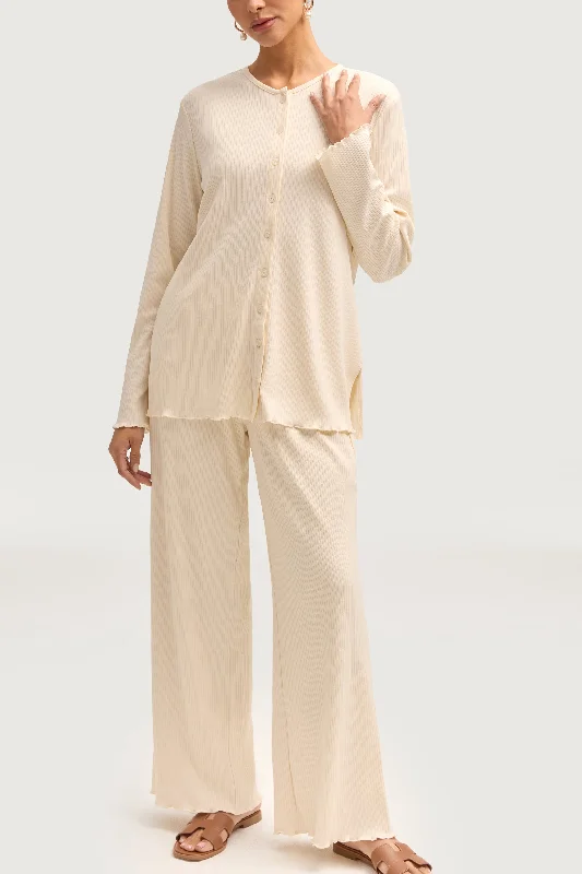 Savings Galore Naeema Ribbed Button Down Top & Pants Matching Set - Off White