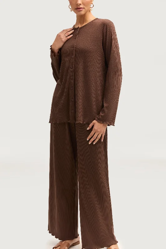 Super Deal Naeema Ribbed Button Down Top & Pants Matching Set - Truffle