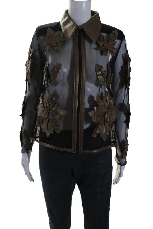 Epic Deals Natto Womens Brown Floral Leather Mesh Collar Full Zip Long Sleeve Jacket