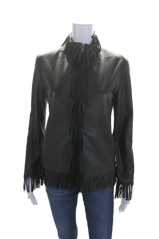Final Clearance Natto Women's Round Neck Leather Fringe Full Zip Jacket Black