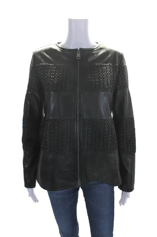 Massive Deals Natto Women's Round Neck Long Sleeves Full Zip Leather Jacket Black