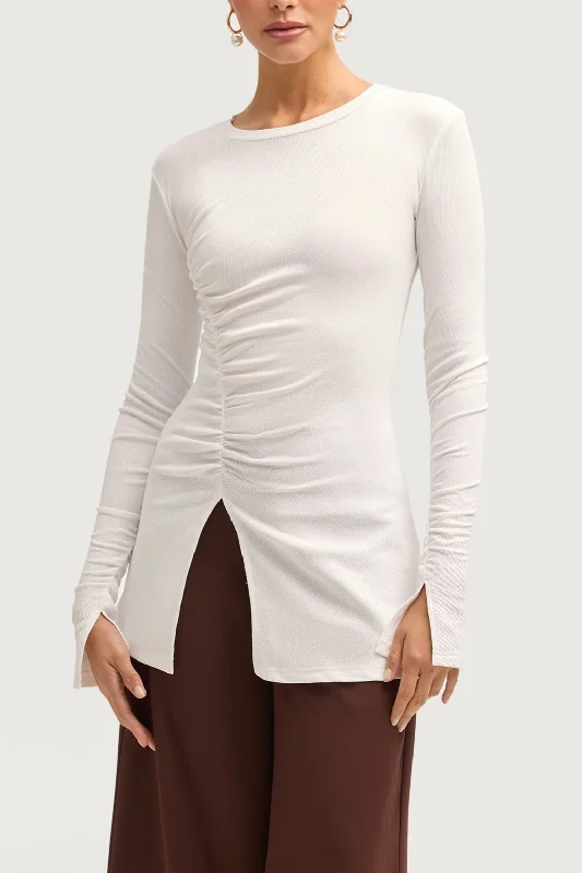 Daily Deals Ribbed Split Hem Top - White
