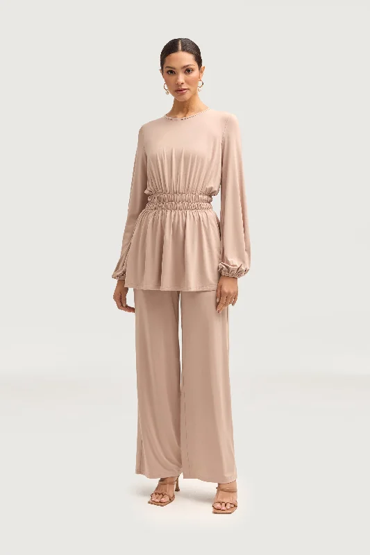 Crazy Deals Rouched Top & Wide Leg Pants Matching Set - Mink