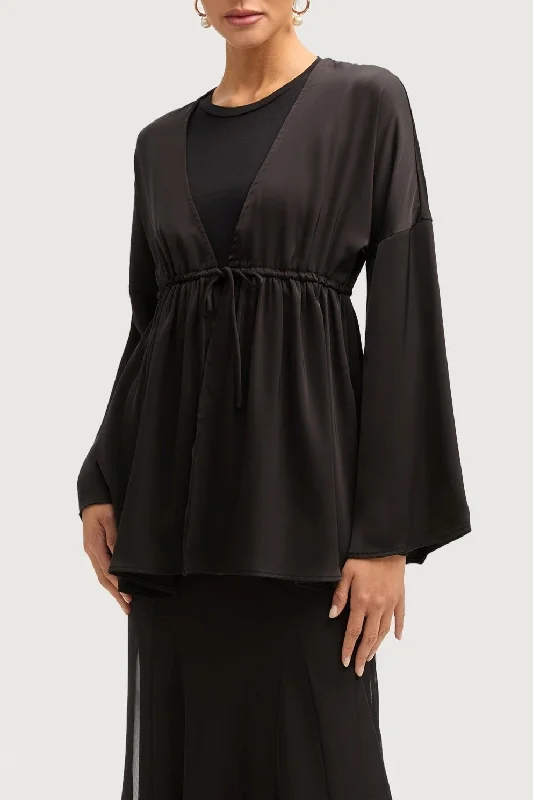 Hurry In Samia Satin Tie Front Top - Black