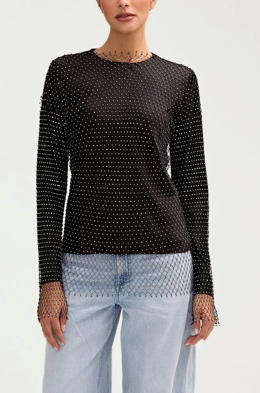 Price Fest Sania Crystal Mesh Satin Top - Black