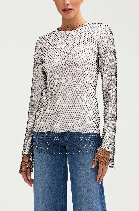 Price Buster Sania Crystal Mesh Satin Top - White
