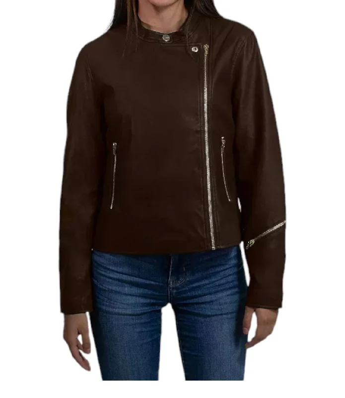 Deal Explosion Synthetic Leather Biker Jacket In Brown