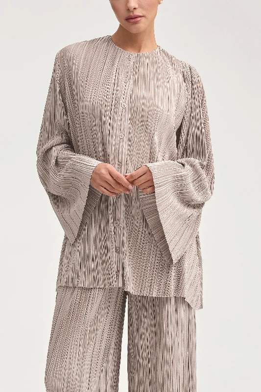Limited Time Tania Satin Plisse Button Down Top - Taupe