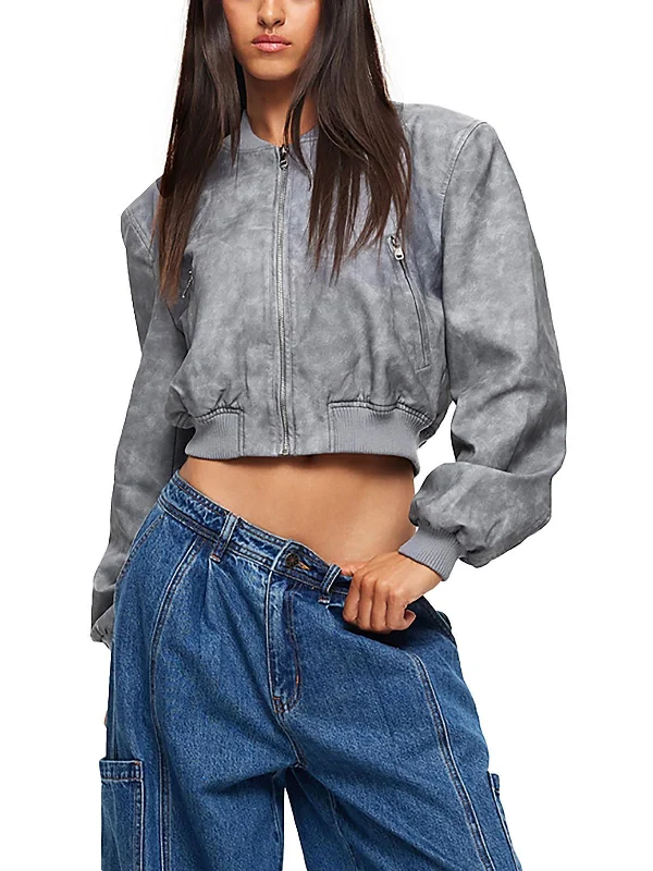 Stock Clearance Womens Faux Leather Ribbed Trim Bomber Jacket