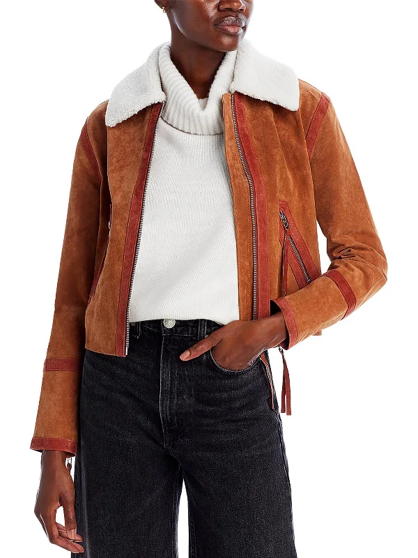 YEAR-End Clearance Womens Suede Faux Fur Collar Leather Jacket
