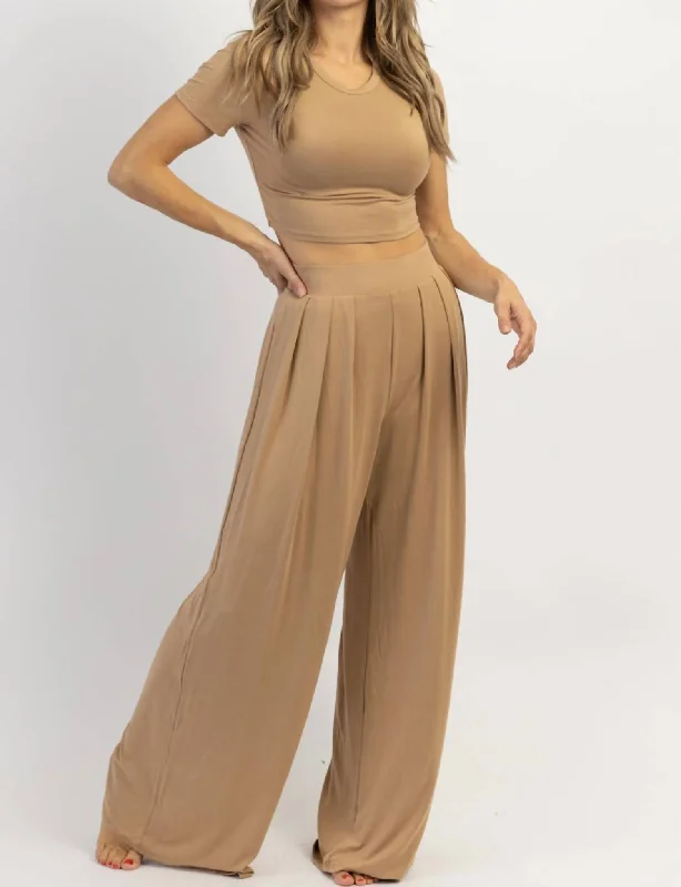 Deal Zone Butter Soft Palazzo Pants Top Set In Toffee