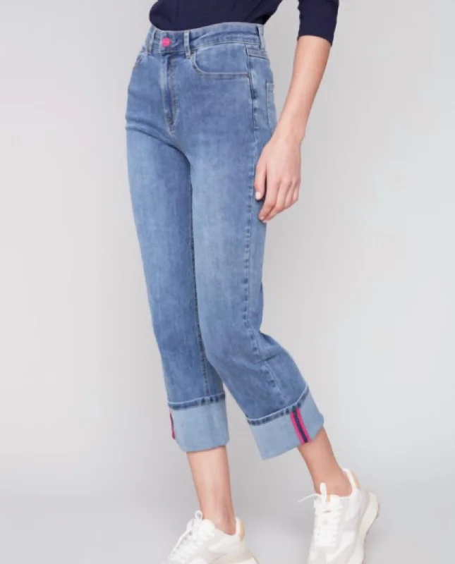 Closeout C5502-431A - Stretch Denim Wide Leg Pants In Denim Blue/pink