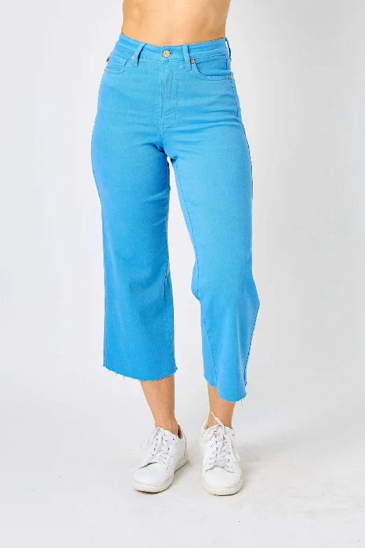 Early Bird Discount High Rise Dyed Tummy Control Crop Wide Leg Jean In Sky Blue
