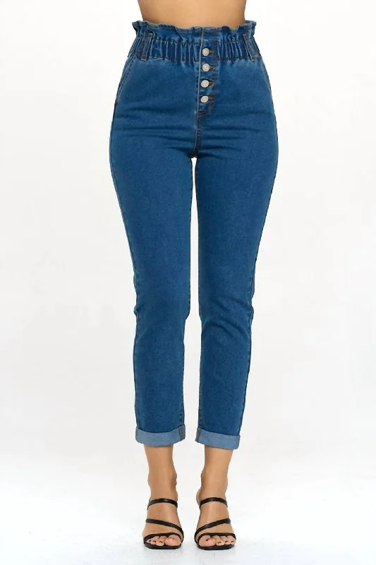 Best Seller Paperbag Smocked Waist Buttonfly Jeans In Denim