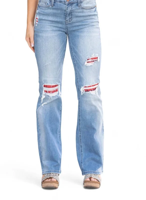 Limited Time Offer Plaid Patch Detail Bootcut Jean In Medium Blue