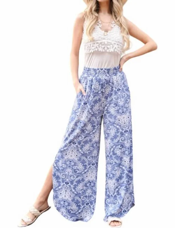 Bargain Bin Smocked Floral Side Slit Pants In Blue