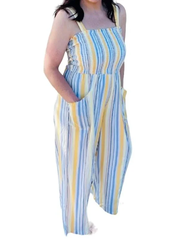 Deal Zone Smocked Jumpsuit In Yellow And Blue Stripes