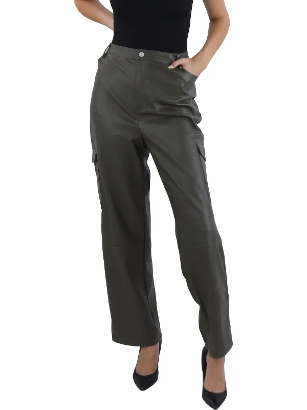 Steals and Deals Womens Faux Leather High Rise Cargo Pants