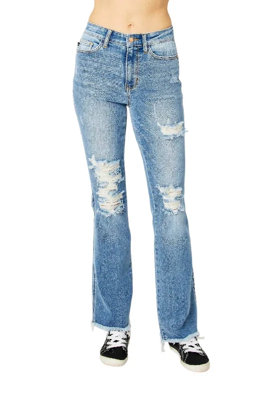 Super Deal Women's Frayed Hem High Rise Bootcut Jeans In Blue