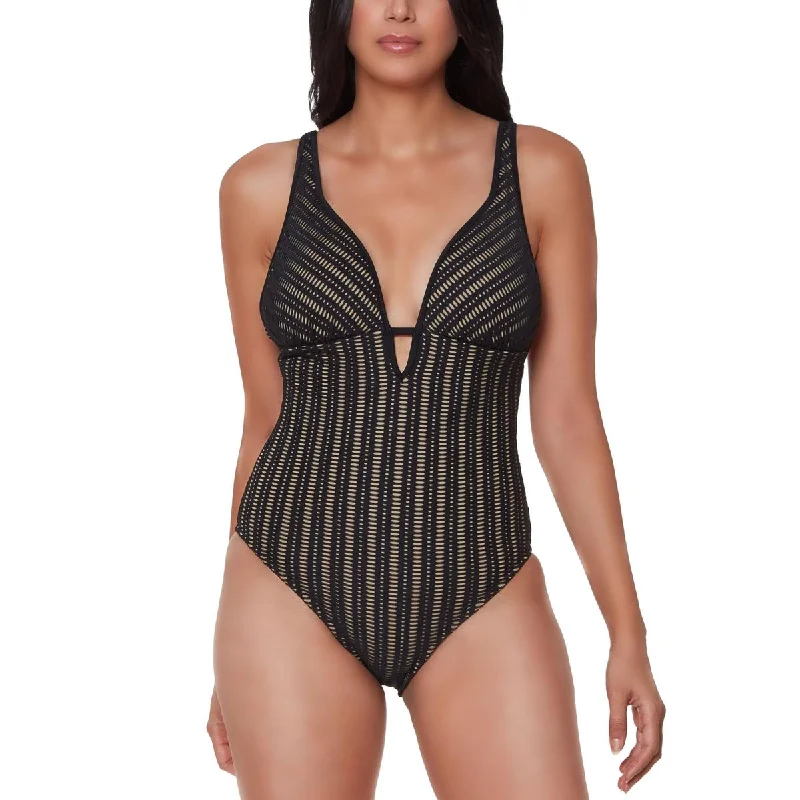 Midnight Sale Bar III Womens Crochet Plunging One-Piece Swimsuit