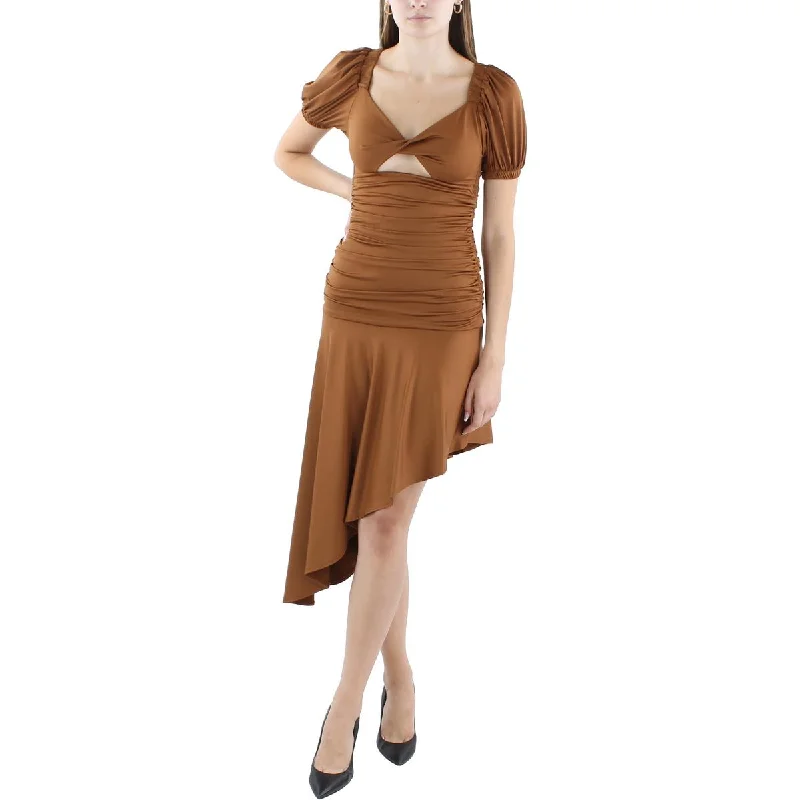 Closeout Black Halo Womens Asymmetrical Ruched Midi Dress