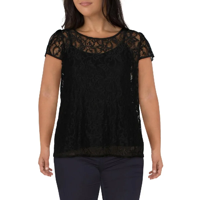 Year-End Sale Black Tape_ Womens Plus Lace Cap Sleeve Blouse